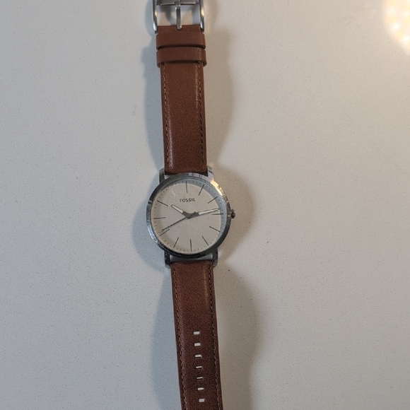 Fossil Silver Case Watch with Brown Leather Strap